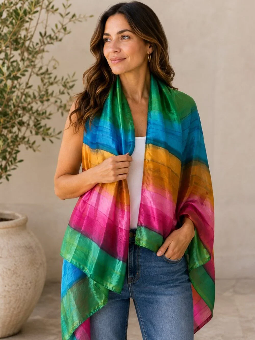 Colorful Silk Scarf Wrap Rainbow Striped Shawl Rectangular Lightweight Womens OS